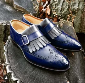 Bespoke Blue & Gray Leather Fringe Wing Tip Monk Strap Shoe for Men