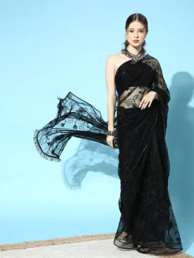 Black Embroidered Net Saree with Blouse Piece