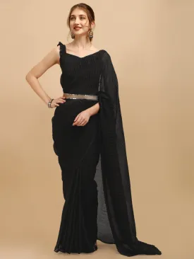 Black Solid Ruffled Silk Blend Saree With Embellished Belt