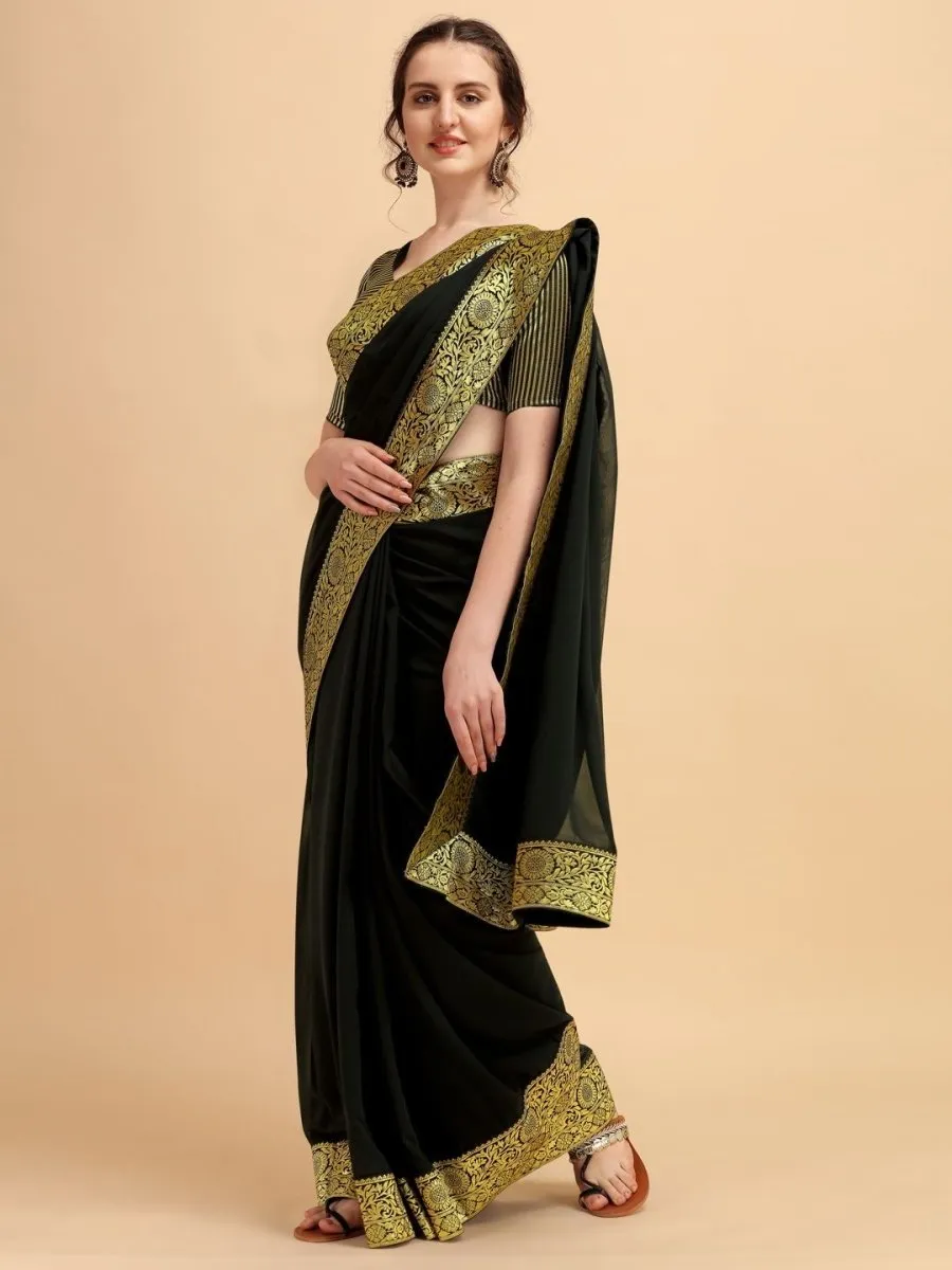 Black Solid Woven Border Saree with Woven Blouse