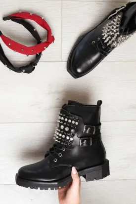 Black Spike and Stud Military Boots - Evalina