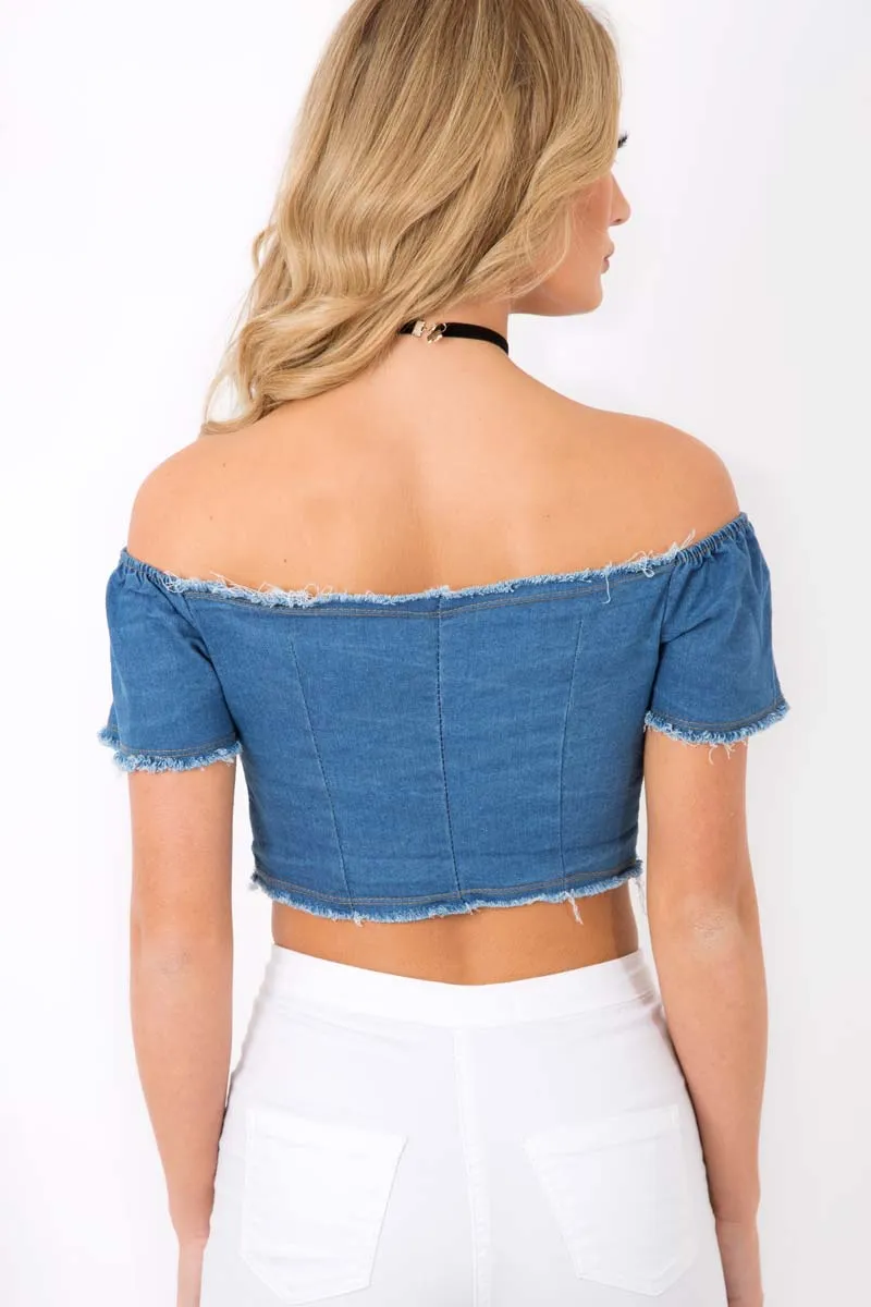 Dark Denim Bardot Lace Up Crop Top - Rochella