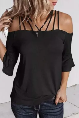 Hollow Out Spaghetti Strap 
Flare Sleeve Blouse Black