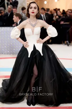 Lily Collins 2023 Met Gala Ivory Crepe Black Tulle Slit A-line Dress