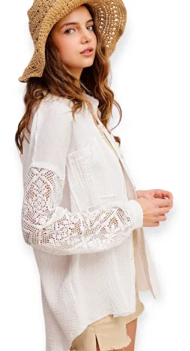 Lotus Crochet Button Down Blouse- White