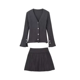 Pre Order:  Cuff Slit Pleated Knitted Cardigan   Skirt Set