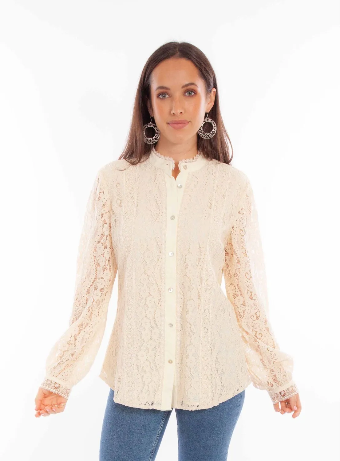 Scully Womens Allover Lace Ivory Cotton Blend L/S Blouse