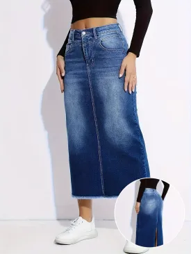 Stylish Mid-Length Denim Skirt for Women - High Waist, Casual Chic, Slit Detail, Frayed Hem, Fashionable Apparel for Everyday Wear