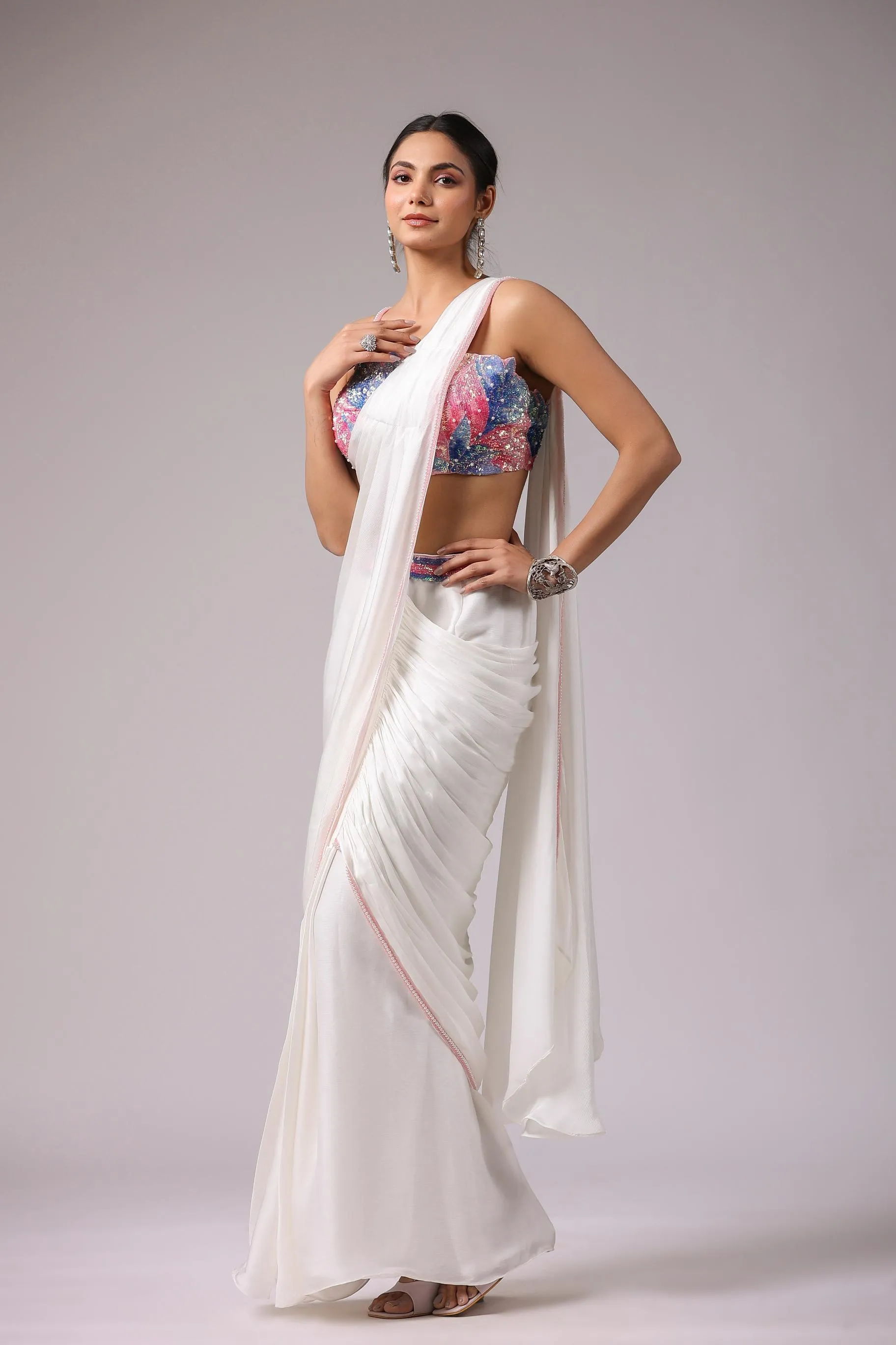 White Embellished Premium Chinon Silk Draped Saree